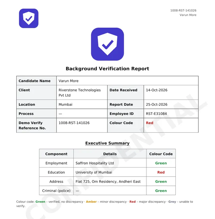 First page of a colour-coded background verification report